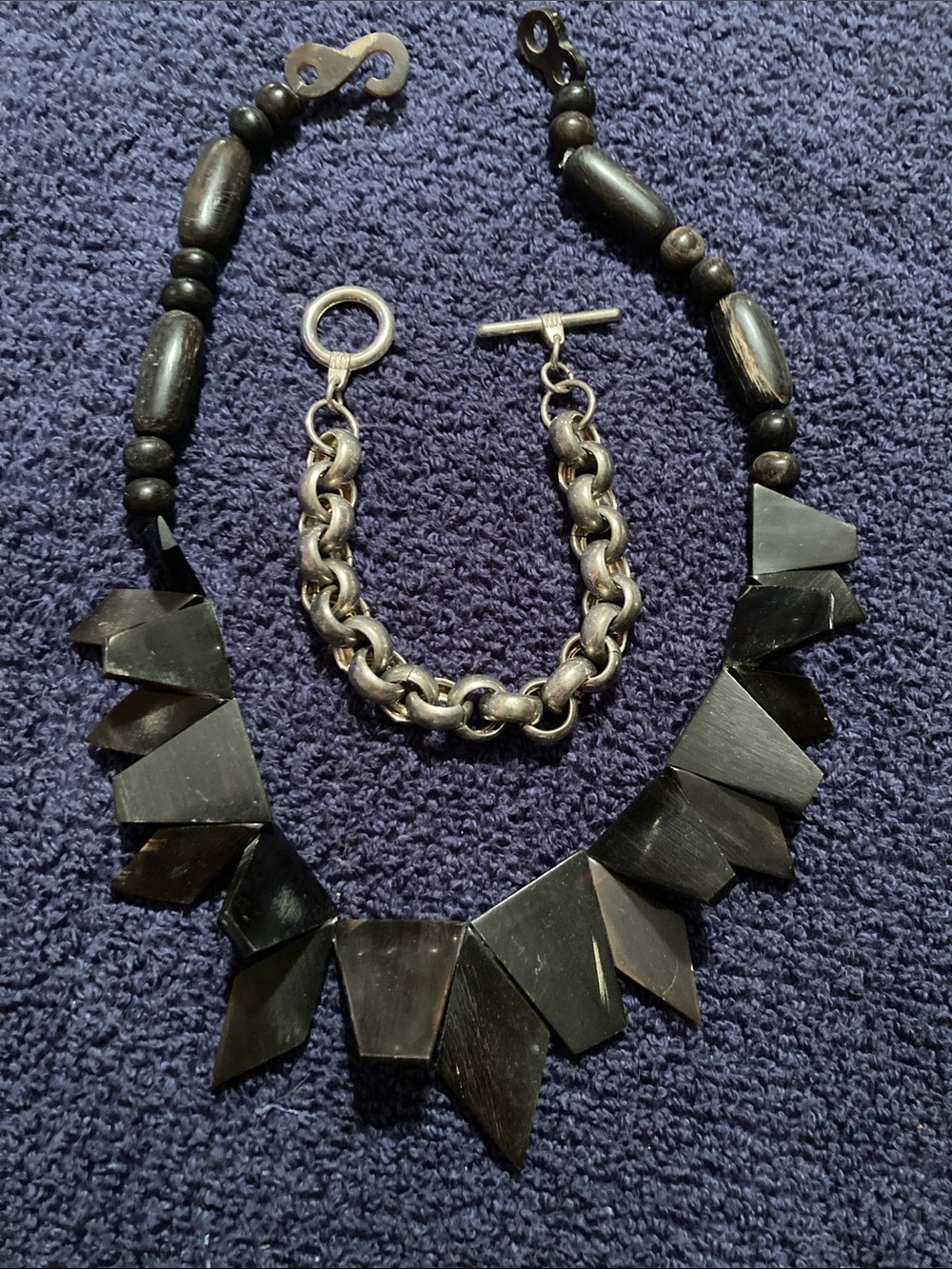 Black Chunky Boho Statement Necklace and Silver Tone Chain Bracelet Set